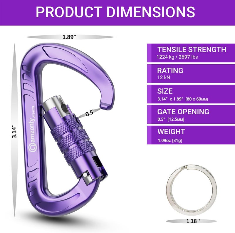 Amzonly 3inch Auto Locking Carabiner Clips Heavy Duty, 12KN /2697lbs Lightweight keychain carabiners, Sturdy Twist Lock Caribeeners for Camping Hiking Hammock Swing Backpack, dog leash and Harness etc - Image 2